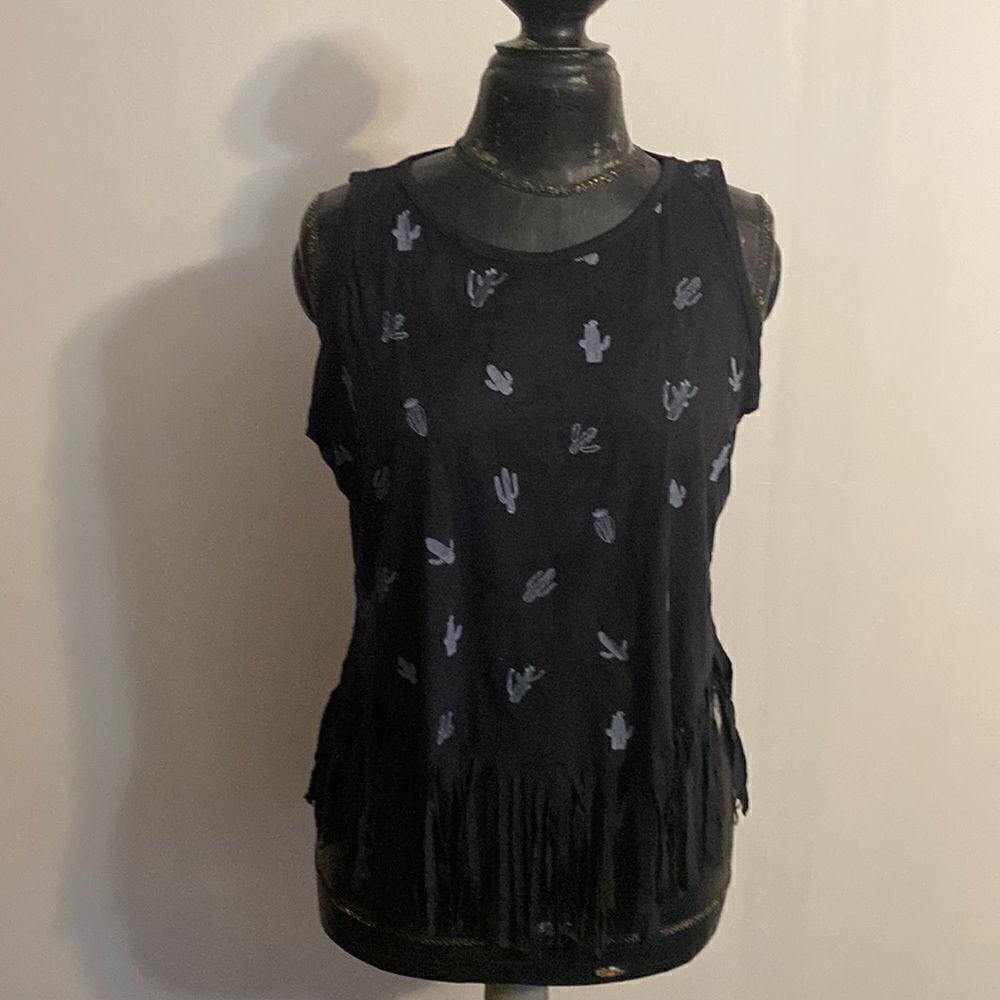 French Pastry Black/Gray fringe top, size Large